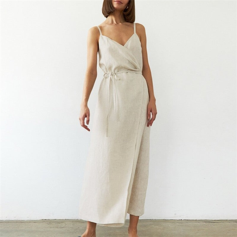 V-Neck Sleeveless Belted Dress in Solid Color - Slim Fit