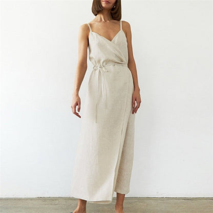 V-Neck Sleeveless Belted Dress in Solid Color - Slim Fit