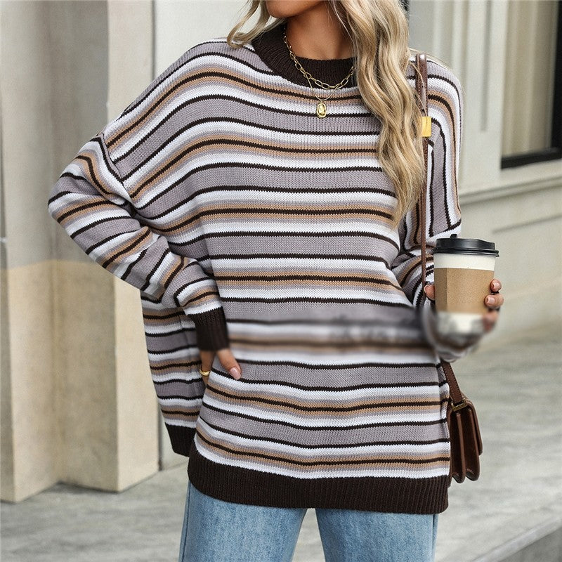 Long Sleeve Crewneck Contrast Color Striped Casual Loose Knitted Sweater