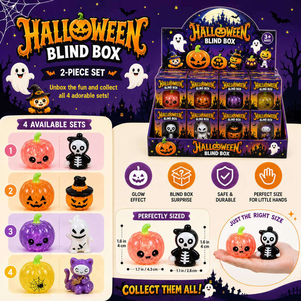 Halloween Mystery Squishy 2-Piece Set – Blind Box Ghost & Pumpkin Stress Relief Fidget Toys | Collectible Halloween Characters | Ages 3+