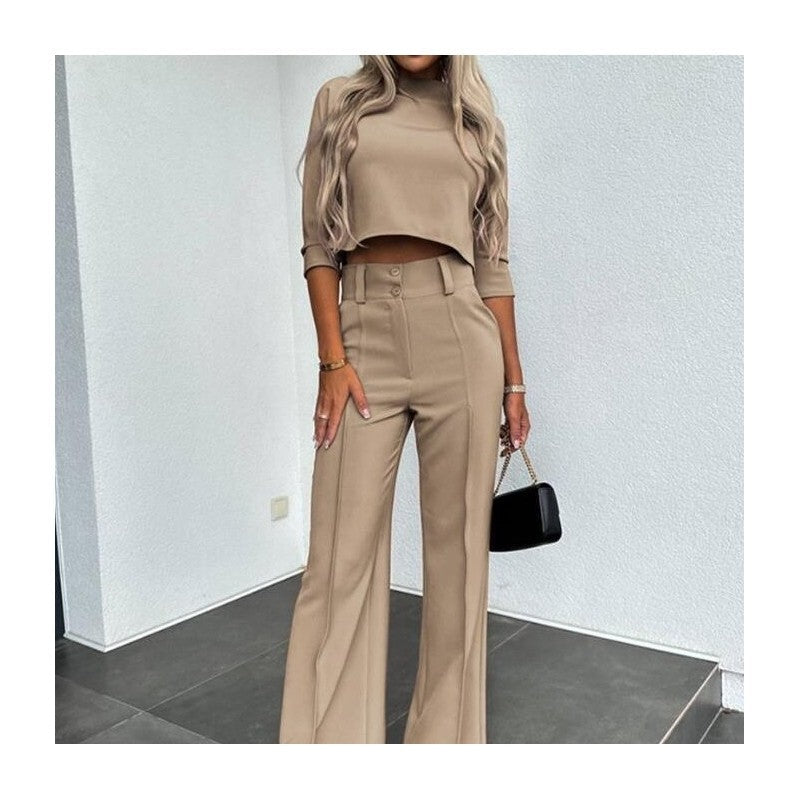 Solid Color Nine-Quarter Sleeve Top and Long Pants Ensemble