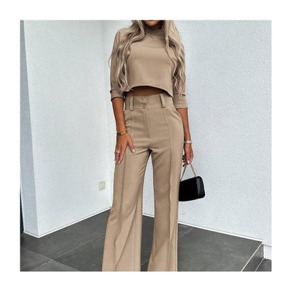 Solid Color Nine-Quarter Sleeve Top and Long Pants Ensemble