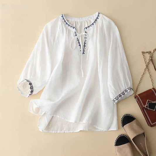 Embroidered Linen V-Neck Tie-Waist Seven-Sleeve T-Shirt