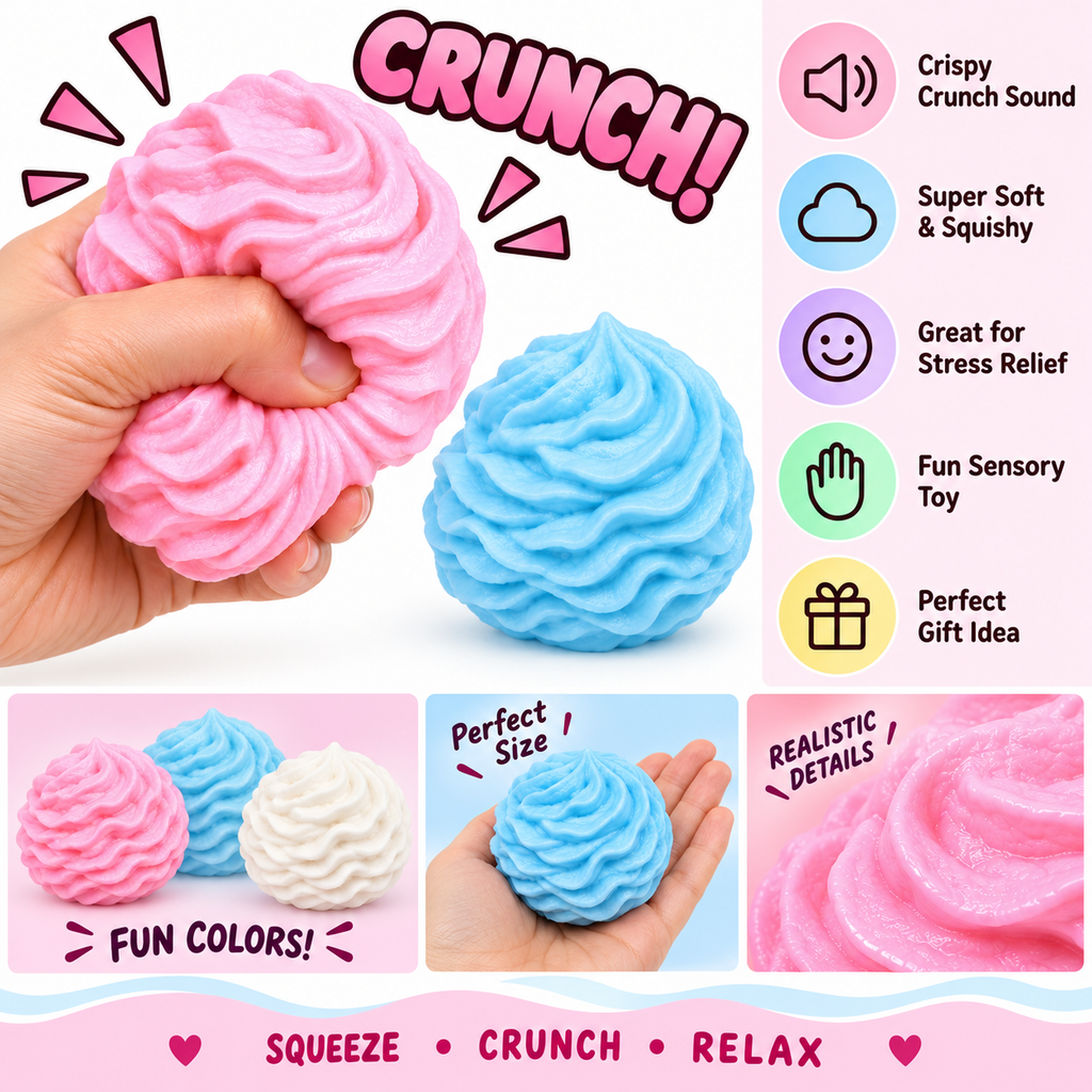 Crunchy Squishies Cream Roll Squeeze Toy 2-Pack – Mystery Color Crispy Crunch Marshmallow-Soft Stress Balls | ASMR Sensory Fidget Toys for Adults & Kids | Frosting Swirl Squishies