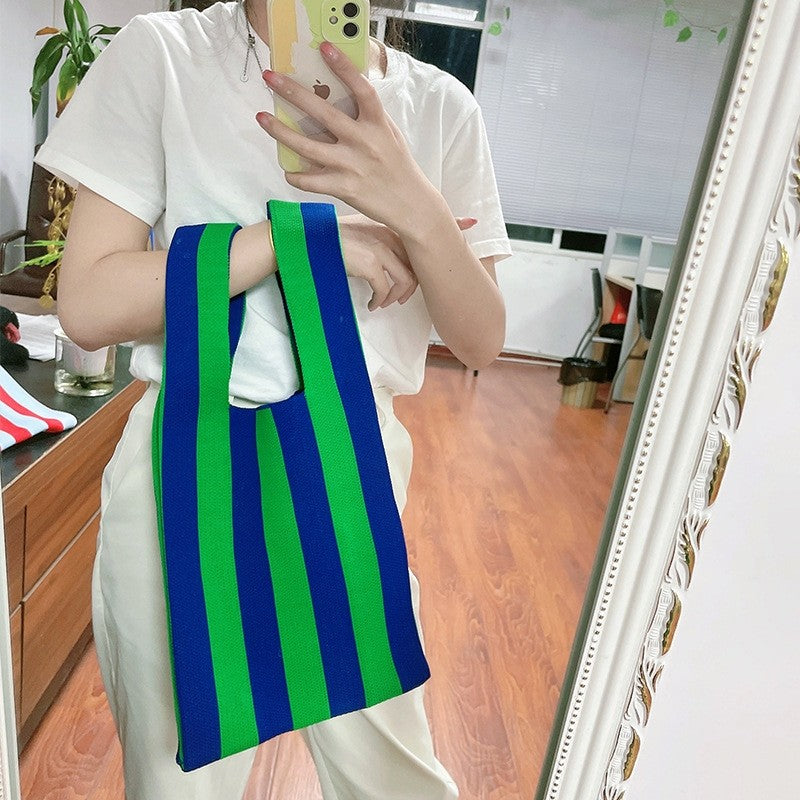 Contrast Color Striped Openning Knitted Handbag