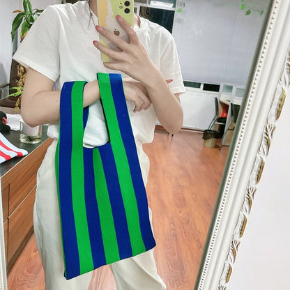 Contrast Color Striped Openning Knitted Handbag