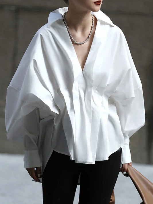 Loose Fit Pleated Lapel Collar Blouse with Long Sleeves in Solid Color