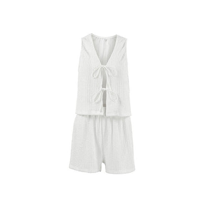 Monochrome Sleeveless Cardigan with Shorts - Pajama Set