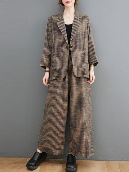 Vintage Ramie Cotton Notched Collar One Button Suits+Column Pants 2 Pieces Set