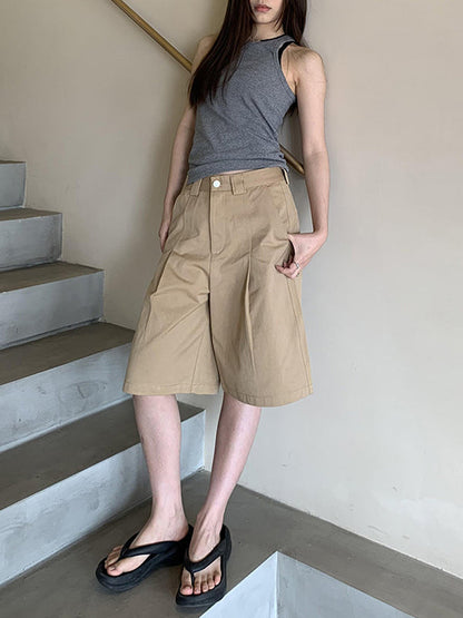 High Waisted Loose Pleated Solid Color Half Pants Shorts Bottoms