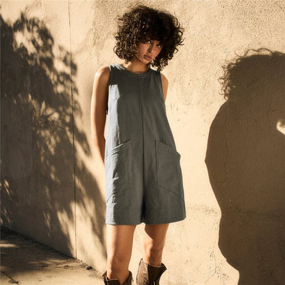 Sleeveless Solid Color Crewneck Loose Fit Casual Romper