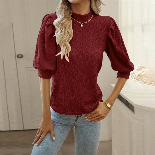 Solid Color Half Turtleneck Half Sleeve Pullover Blouse