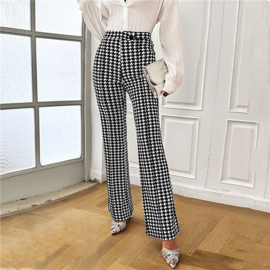 Houndstooth Pattern High-Waisted Bell Bottom Trousers