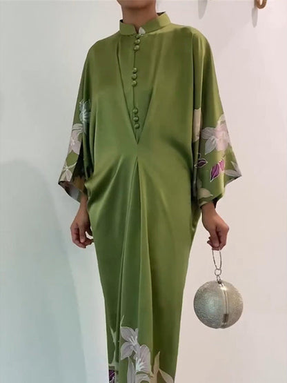 Flowy Batwing Sleeve Maxi Dress with Stand Collar, Floral Print and Colorblock Detail