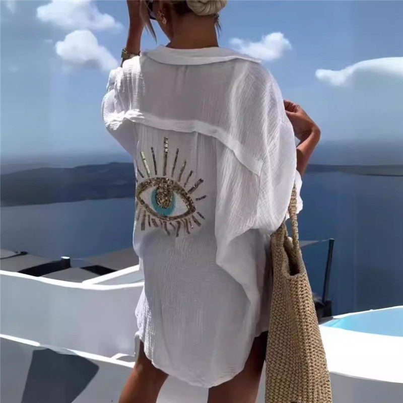 Embroidered Collar Long Sleeve Shirt in Solid Color