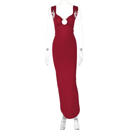 Solid Color V-Neck Backless Split Slim Fit Dress