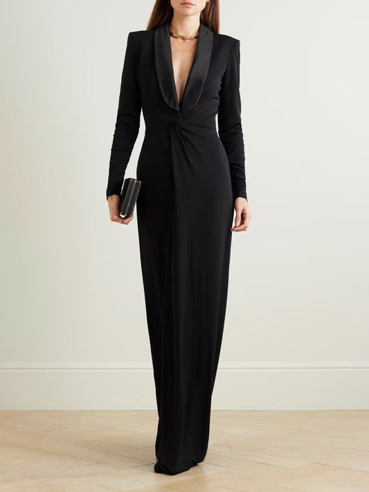 Solid Color Deep V-Neck Maxi Dress with Long Sleeves