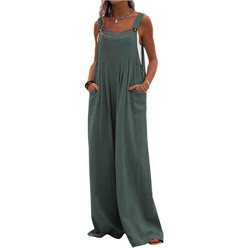 Solid Color Sleeveless Casual Loose Wide Leg Jumpsuits