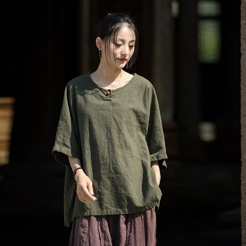 Plain Color Pullover Buckle Short Sleeve T-Shirt