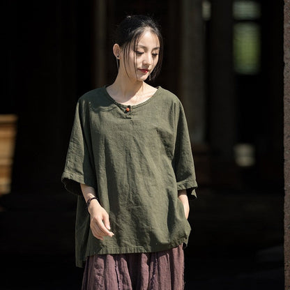 Plain Color Pullover Buckle Short Sleeve T-Shirt