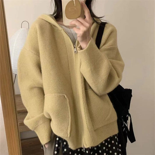Solid Color Long Sleeve Hooded Zipper Pockets Casual Loose Cardigan Sweater