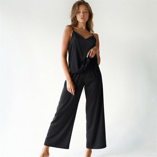 Satin Sleeveless Tank Top and Pants Set - Solid Color Loungewear