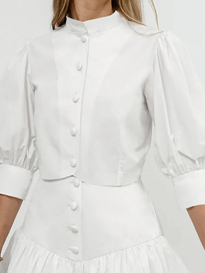 Half Sleeves Loose Buttoned Pleated Solid Color Split-Joint Stand Collar Blouses Top +  Skirts Bottom Two Pieces Set