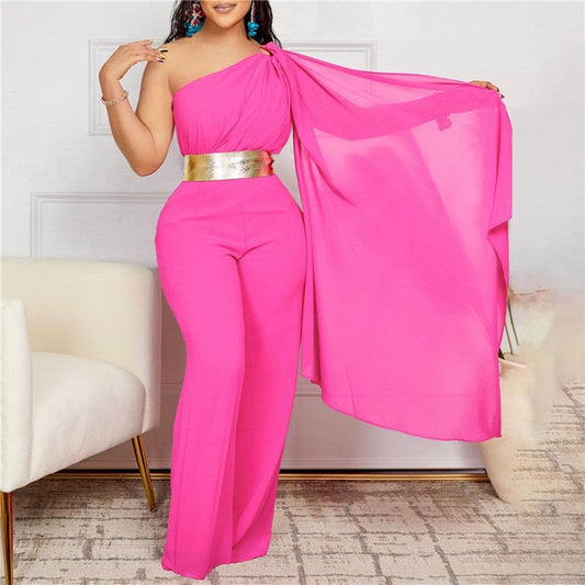 Solid Color Off-Shoulder Pleated Patchwork Jumpsuit