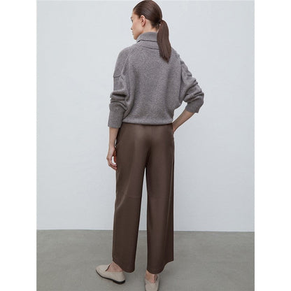 High Waisted Solid Color Straight Leg Faux Leather Pants
