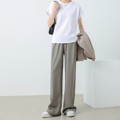 Elastic Waist Straight Leg Mopping Pants - Solid Color