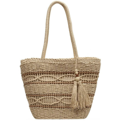 Fringed Beach Bag with Handwoven Straw - Handmade
