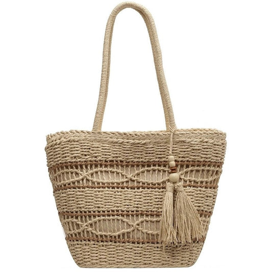 Fringed Beach Bag with Handwoven Straw - Handmade