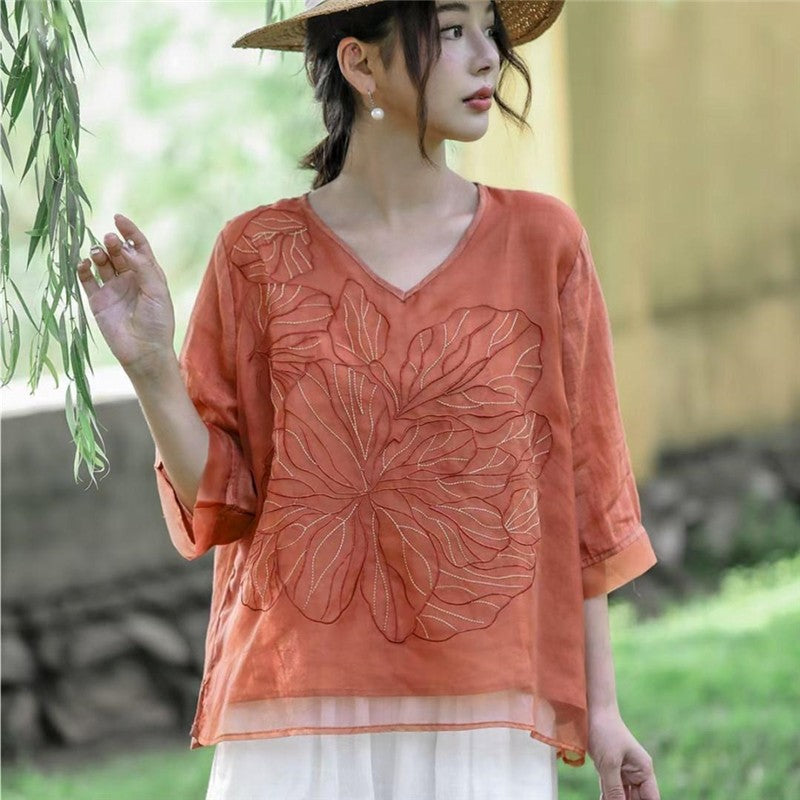 Stylish V-Neck Double Layer Embroidered Loose Blouse