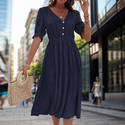 Stylish V-Neck Dress with Waist Cinching - Solid Color