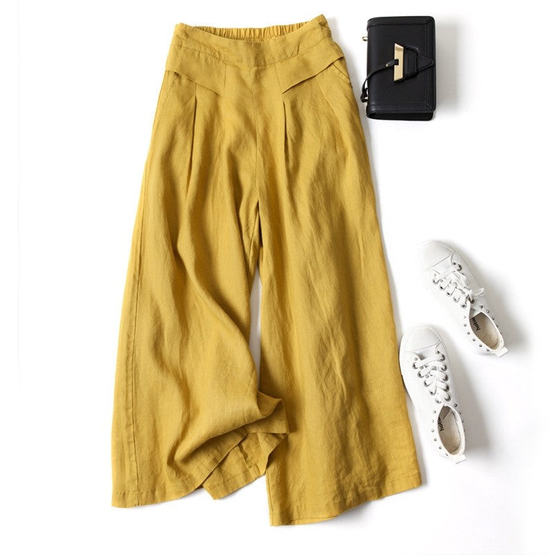 Solid Color Half Elastic Waist Wide Leg Ramie Cotton Pants