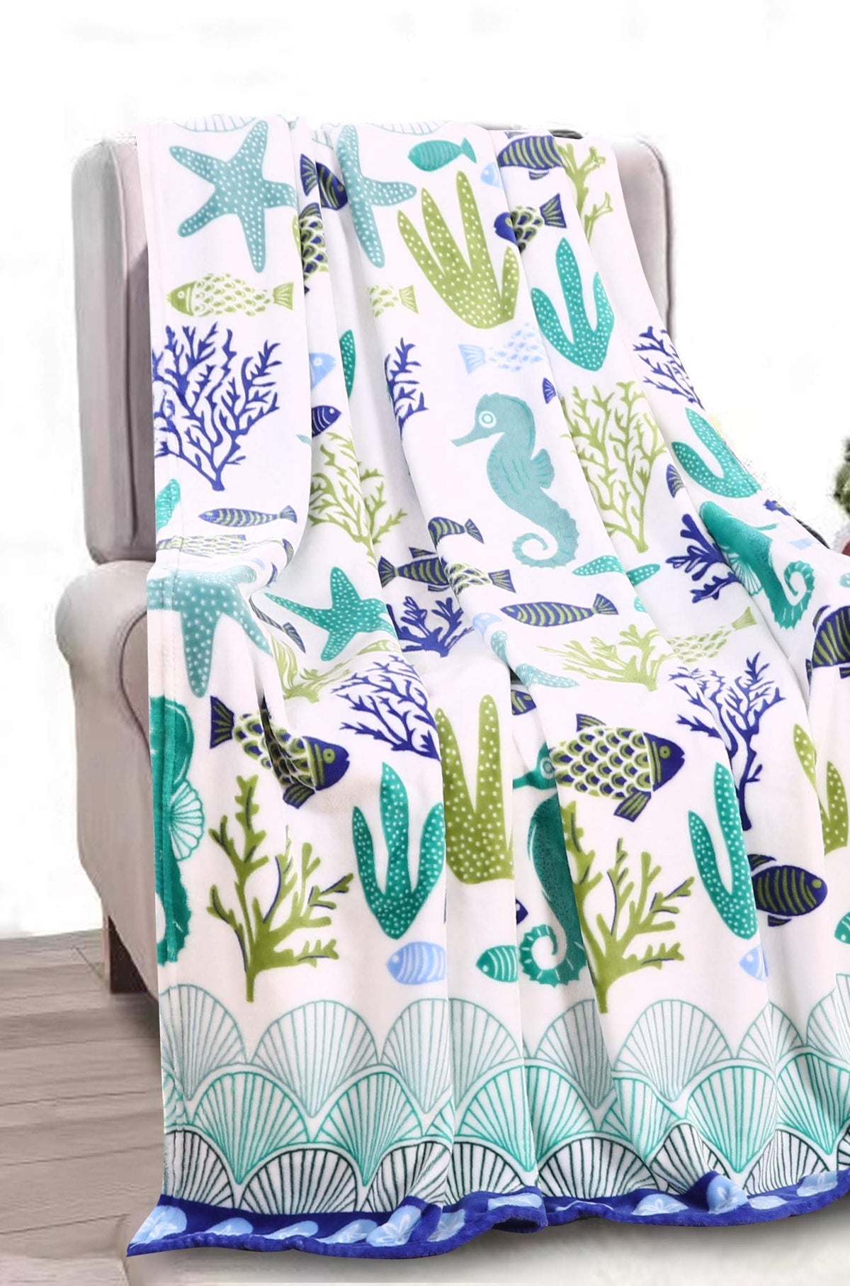 Decor&More Corales de Marina Blue Coral Seahorse Oceanic Microplush Throw Blanket Ocean Blanket for Boys and Girls and Kids of Any Age (50" x 60")