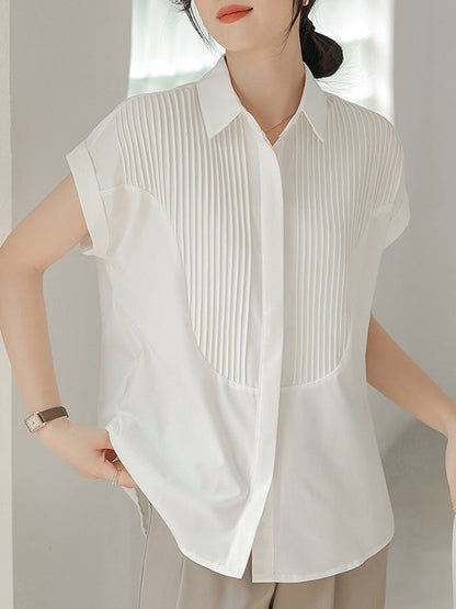 Loose Short Sleeves Buttoned Pleated Solid Color Split-Joint Lapel Blouses&Shirts Tops