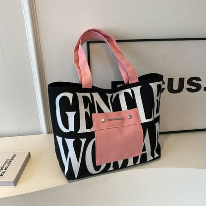 Letter Print Canvas Shoulder Bag with Large Capacity