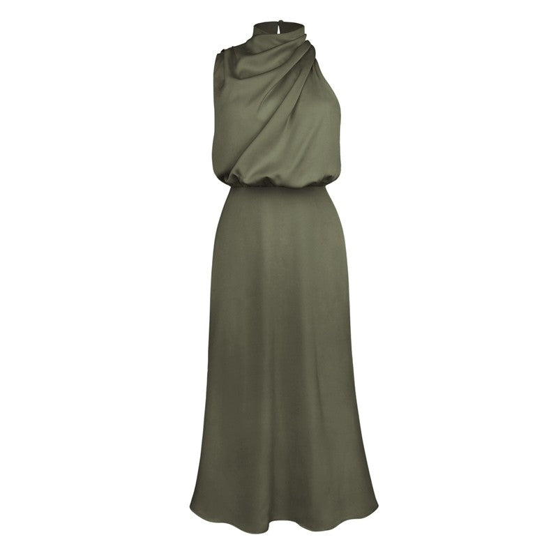 Solid Color Half Turtleneck Sleeveless Satin Dress