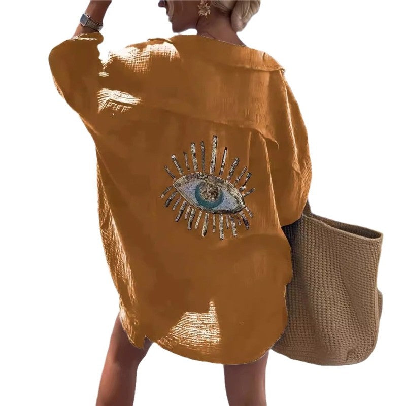Embroidered Collar Long Sleeve Shirt in Solid Color