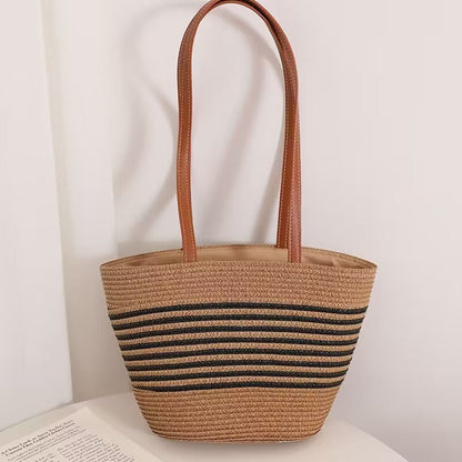 Grass Striped Woven Tote with Ample Storage