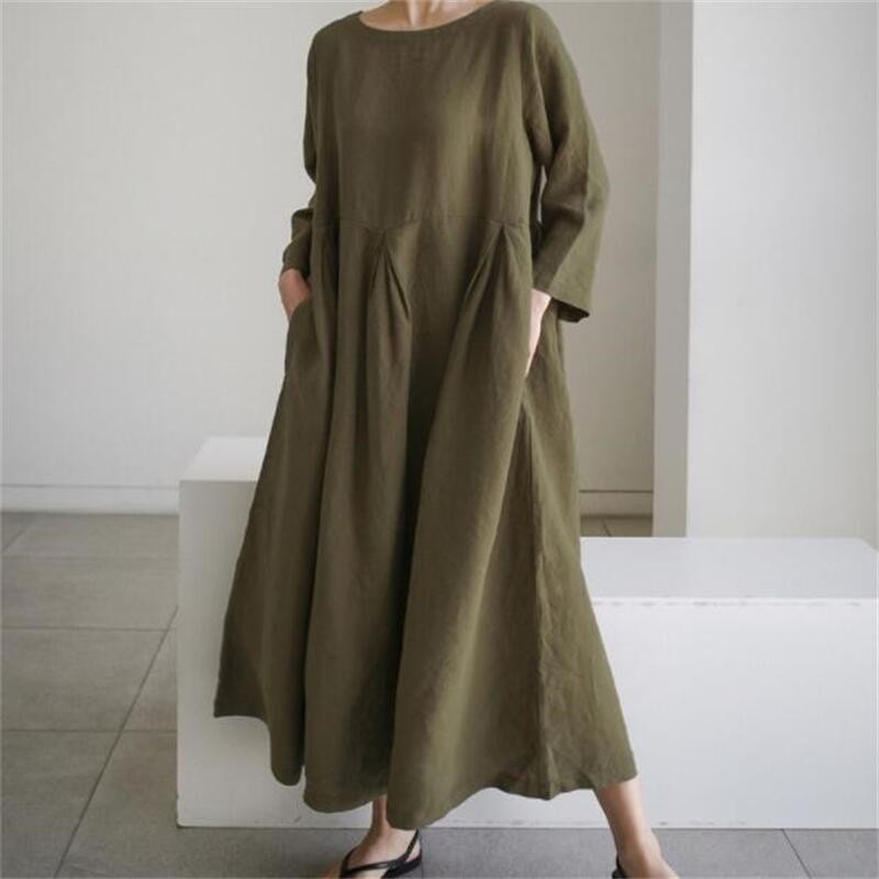 Oversized Loose-Fit Round Neck Knee-Length Maxi Dress