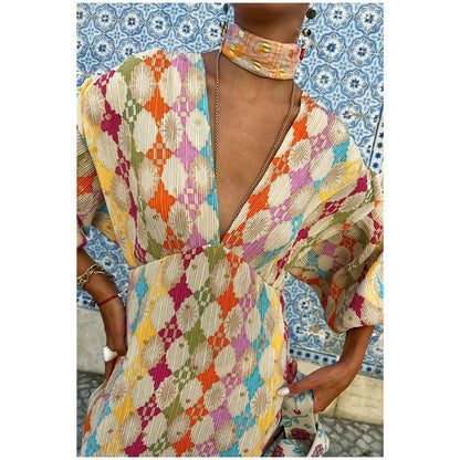 Retro Maxi Dress with Deep V-Neck and Long Sleeves
