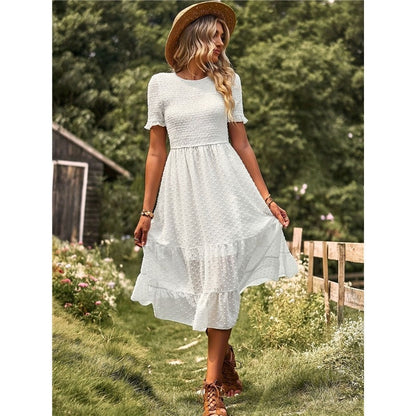 Solid Color Short Sleeve Round Neck Midi Dress for Women