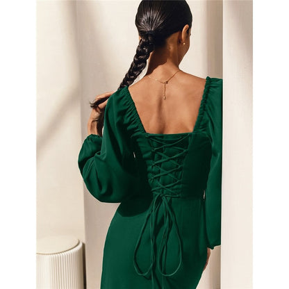 Solid Color Long Sleeve Square Neck High Waisted Side Slit Back Bandage Dress

Enhanced Version: "Square Neck Long