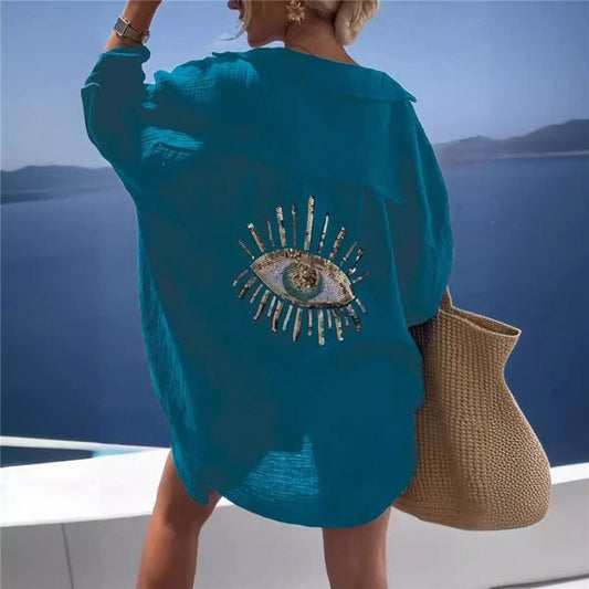 Embroidered Collar Long Sleeve Shirt in Solid Color