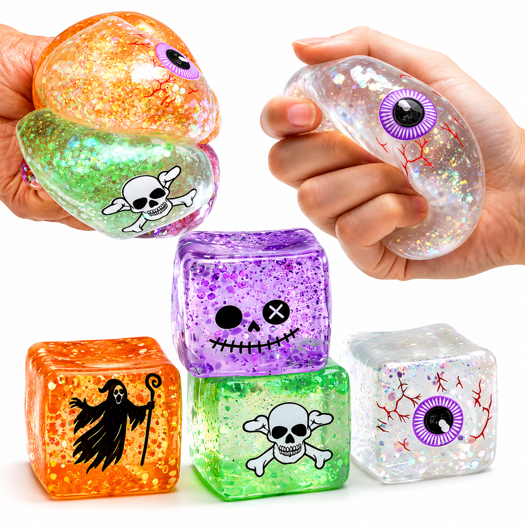 Halloween Squishy Jelly Cube 2-Pack Mystery Set – Glitter-Filled Slow-Rising Stress Relief Fidget Cubes | 4 Spooky Designs | 1.5" | Party Favors & Gifts