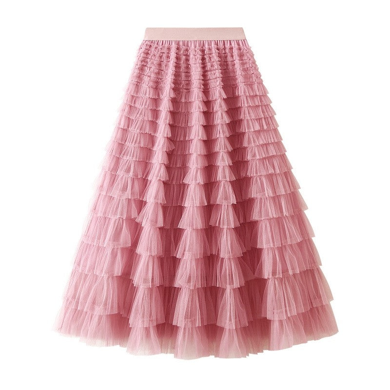 Ruffled A-Line Mesh Cake Skirt with Elastic Waist in Solid Color