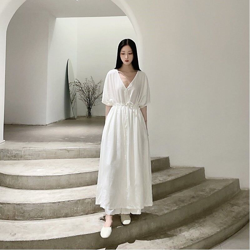 V-Neck Waist-Cinched Slim Fit Dress in Solid Color