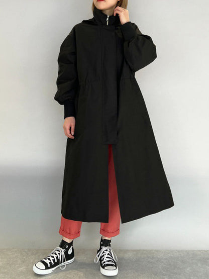 Loose Long Sleeves Drawstring Solid Color Zipper Hooded Trench Coats Outerwear